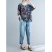 Plant Print Drawstring V Neck Casual Blouse