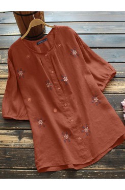 Embroidered Button Round Neck Short Sleeve Casual Cotton Blouse