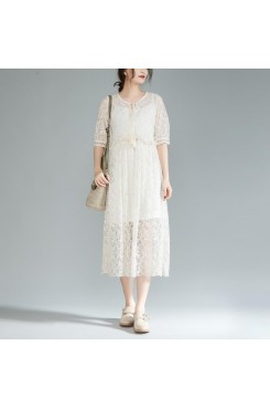 fine long cotton dress oversize lace Lacing Two Pieces Set 12 Sleeve Pleated Dress