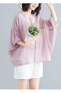 Classy o neck Batwing Sleeve patchwork cotton blended tops women blouses Boho Outfits pink short blouse Summer
