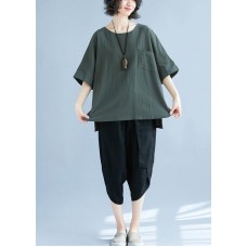 Women army green linen cotton clothes For Women Omychic Tops hooded side open Midi Summer tops