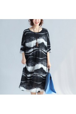 vintage black pure linen dress plussize holiday dresses Fine o neck asymmetric striped linen dresses