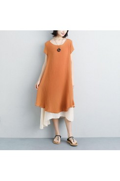 fashion linen sundress plus size False Two-piece Short Sleeve Orange Plain Dress