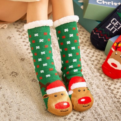 Women Warm Winter Outdoor Christmas Style Santa Claus Elk Pattern Plus Velvet Thicken Home Sleep Socks Tube Socks