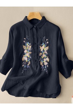 Embroidered Button Lapel Split Casual Cotton Shirt