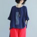 brief linen tops trendy plus size Loose Bat Sleeve Round Neck Splicing Linen Shirt